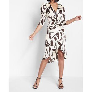 Express Satin Abstract Print Puff Sleeve Ruched Hi-Lo Midi Dress S
